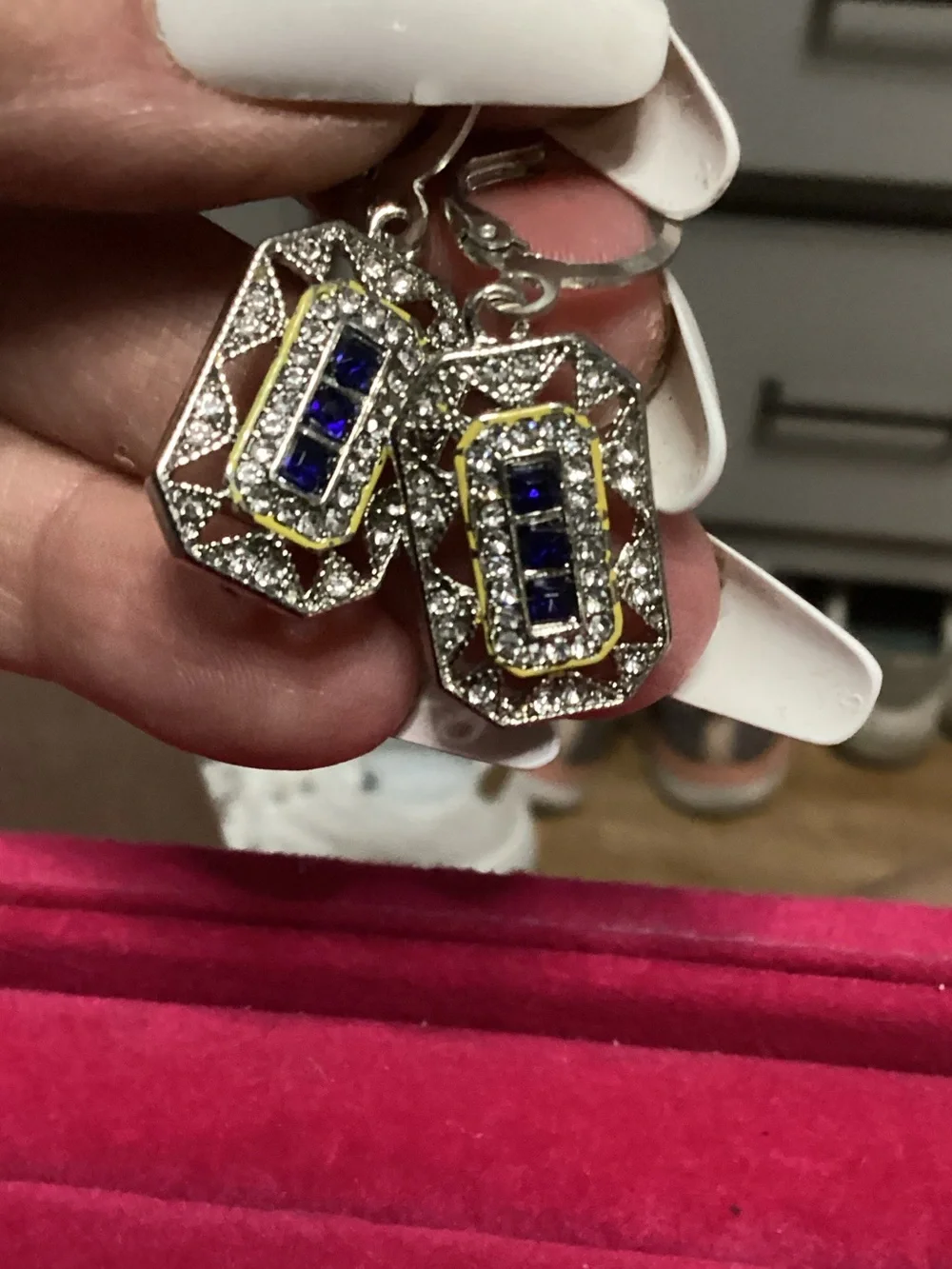New Silver Drop Earrings with Blue and Clear Stones 1” long